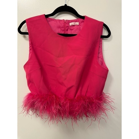 La' Rose Hot Pink Feather Hem Trim Sleeveless Top Size Large NWOT - Picture 5 of 6